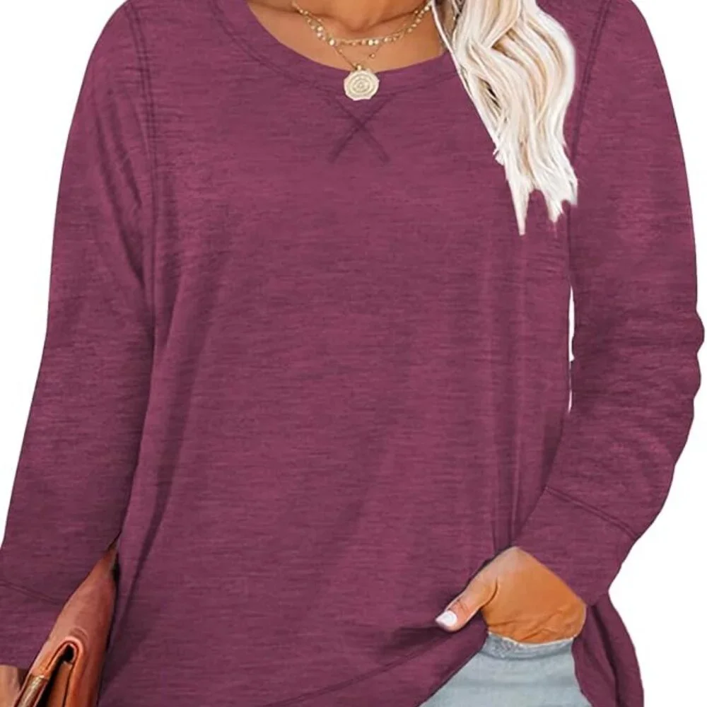 ROSRISS Women's Plus Size 14W-18W Long Sleeve Shirt Casual Side Split Tee  Pleas